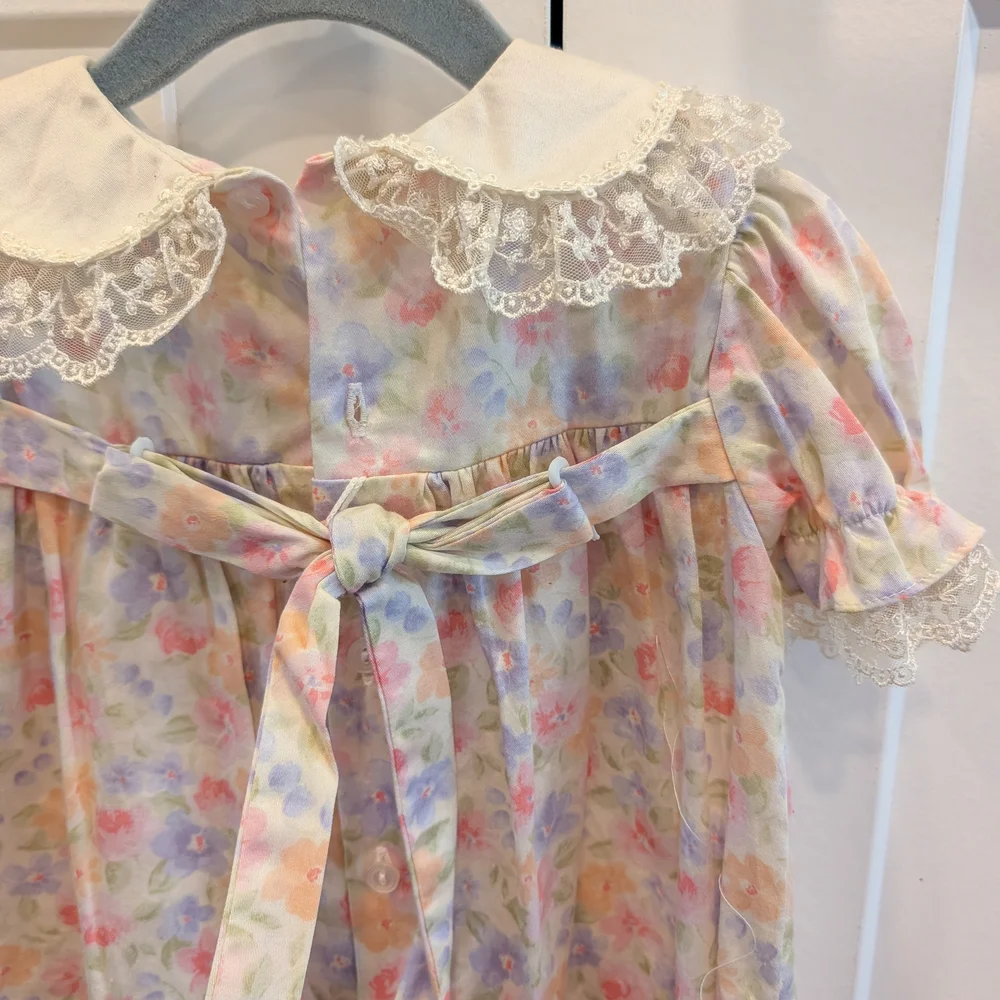 VINTAGE 80s Baby Girl Floral Romper With Embroidered Lace Bib Collar 24 Months